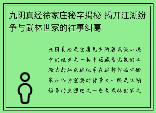 九阴真经徐家庄秘辛揭秘 揭开江湖纷争与武林世家的往事纠葛