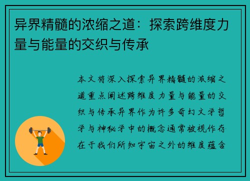 异界精髓的浓缩之道：探索跨维度力量与能量的交织与传承